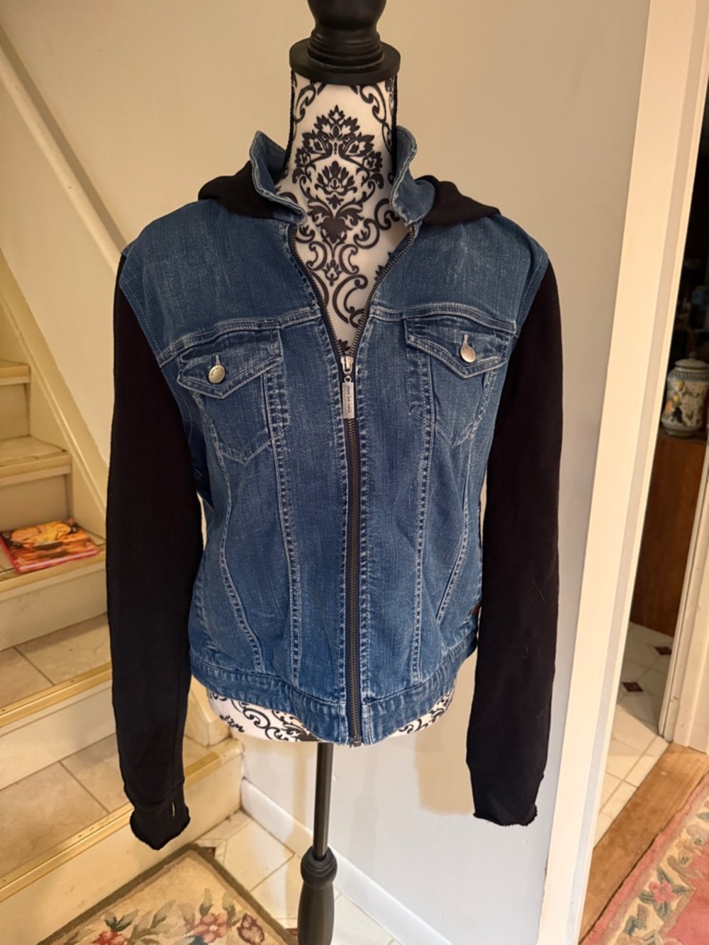 Denim Hooded Jacket with Black Sleeves - Casual Women's Jacket